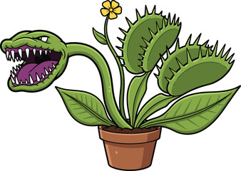 Scary cartoon Venus flytrap monster plant with sharp teeth and yellow flower in a pot for Halloween and creepy garden © Robiul