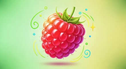 Vibrant stylized raspberry illustration on a lively gradient background with playful elements