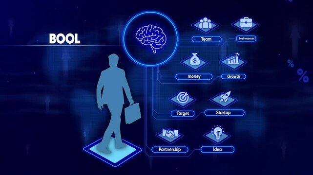 BOL concept with businessman and icons representing team money target partnership growth startup and idea