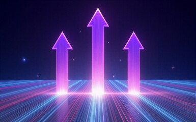 Three glowing arrows ascend in neon purple, radiating light on a cosmic digital stage.