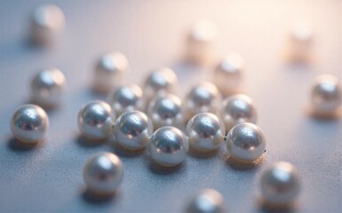 Shiny pearls scattered softly on cool surface, gentle light reflecting their smooth curves.