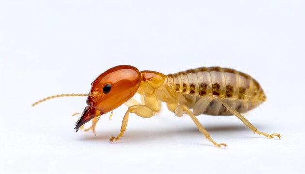 Close-up of a termite soldier on a white background.