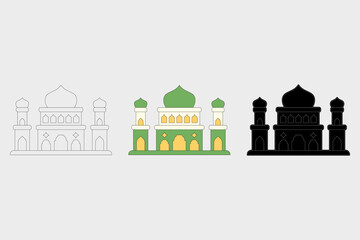 Fototapeta premium Illustration of a mosque in three different styles. A grand classic mosque with a combination of cream and pastel green colors. Ramadan theme, vector illustration.