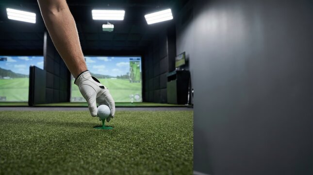 Golfer positioning ball on tee for precision swing in indoor golf simulator bay with virtual reality feedback and advanced analytical tools for performance improvement and training optimization