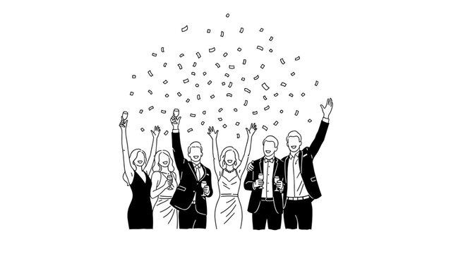 Celebration: group of people throwing confetti and raising hands in joyful party atmosphere