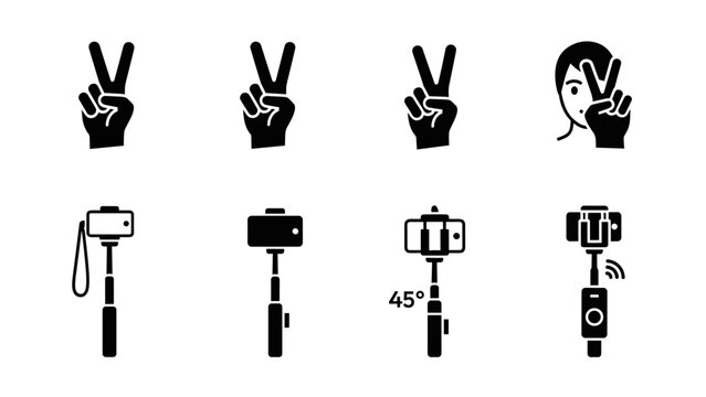 Silhouette icons of peace hand gestures and selfie sticks