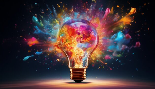 exploding light bulb with vibrant colors and dynamic particles in dark background