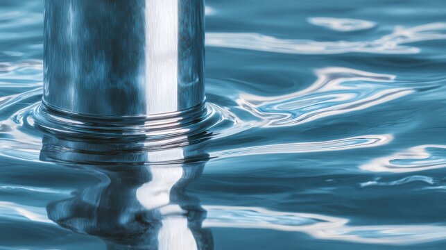 Chrome electroplated stainless steel faucet pouring water with beautiful ripples on blue surface