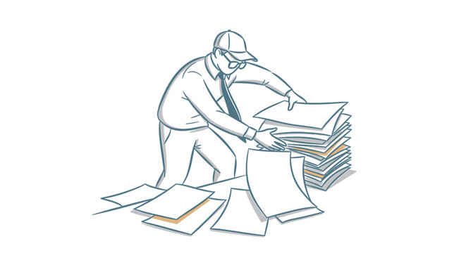 Man in cap and tie sorting through large stack of papers and documents