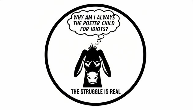 Grumpy donkey mascot with a sarcastic thought bubble about idiots, "The struggle is real" quote.