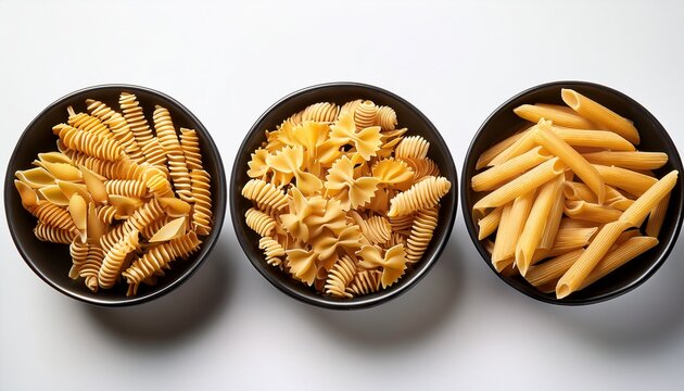 variety of pasta types in black bowls including fusilli farfalle and penne white background image