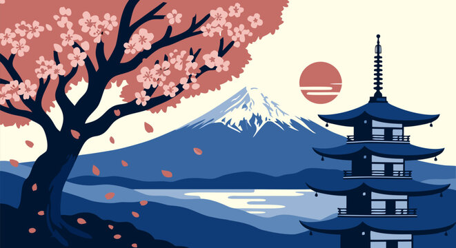 Iconic Japanese vector illustration featuring Mount Fuji, a pagoda, and cherry blossoms with falling petals