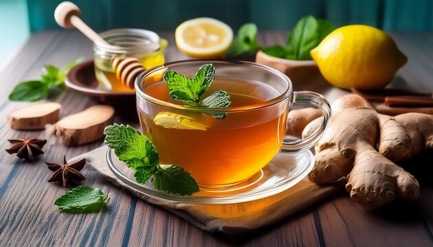 hot herbal tea with ginger mint lemon and honey to soothe cold symptoms on chilly days
