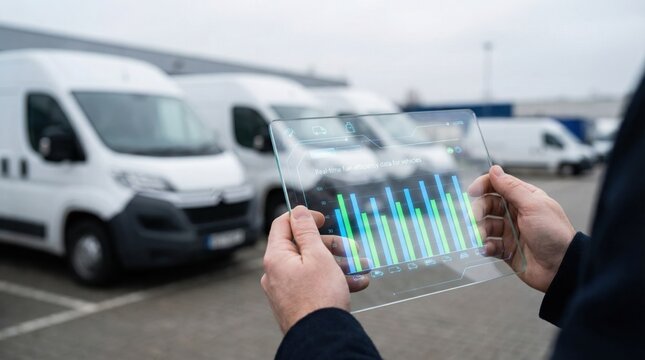 Fleet manager optimizing distribution logistics using transparent digital tablet dashboard for real-time fuel efficiency analytics and operational vehicle performance data visualization