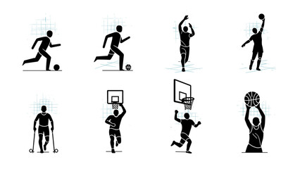 Dynamic silhouette sports figures perfecting skills on basketball and soccer fields