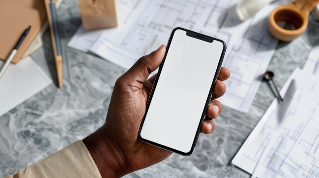 Architect's Table with Hand Holding Smartphone Over Blueprints for Modern Design