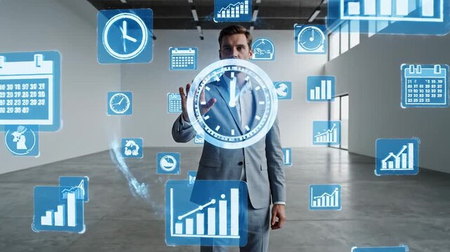A professional man in a suit walks forward in a minimalist room, reaching out to touch a virtual holographic clock surrounded by calendar icons representing intense schedule pressure and work stress.