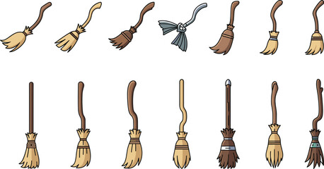 Set of hand drawn broom illustrations in cartoon style isolated on white background, cleaning tools, witch broomsticks, household and fantasy elements © MstGulzan