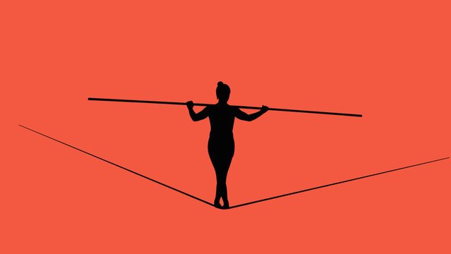 Silhouette of tightrope walker balancing on wire against bright background
