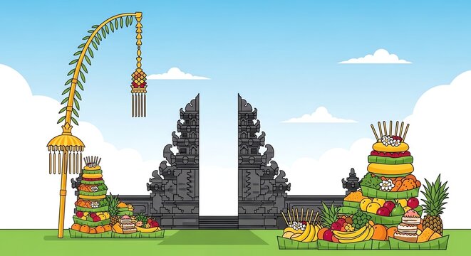 Traditional Balinese Temple Entrance with Offerings and Penjor Ceremony