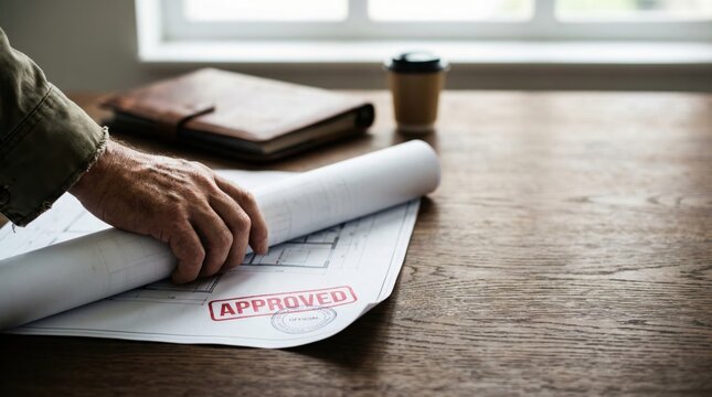 Architectural blueprint document approval process with hand reviewing stamped construction plans, leather notebook, and coffee cup for project authorization and workflow efficiency