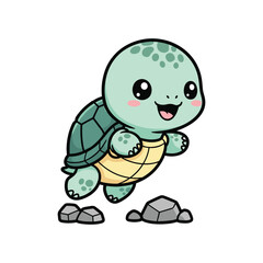 Obraz premium Cute cartoon turtle smiling and walking on rocks with happy expression in bright green color