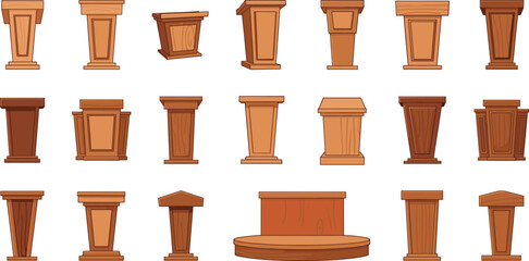 Set of wooden podium and lectern illustrations in cartoon style, different shapes and designs for presentations, speeches, ceremonies, and public speaking © MstGulzan