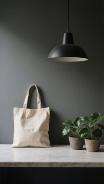 A beige canvas tote bag hanging on a minimalist concrete shelf beside two potted green plants, under a black pendant light against a dark gray wall