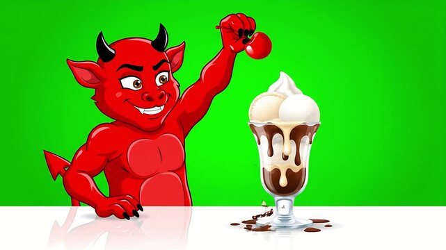 Cartoon Devil Mascot Holding Giant Double Cheeseburger Illustration Vector Art on Black Background Fast Food Temptation Hot Sauce Spicy Menu Design Concept