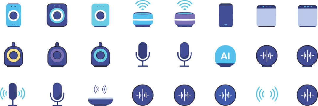 Set of smart speaker, voice assistant, and audio technology icons with microphones, wireless signals, and AI symbols, modern flat vector illustrations