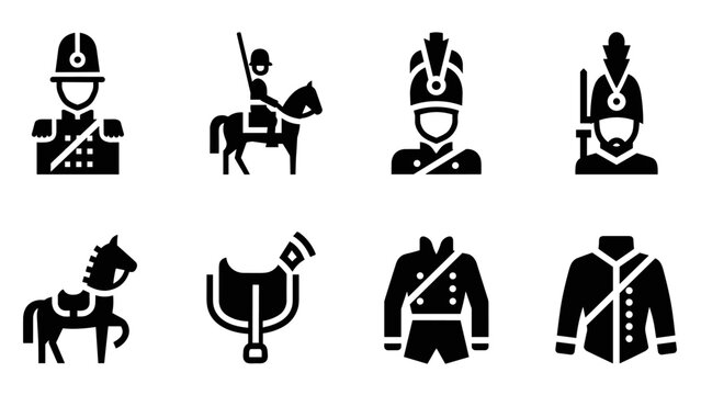 Silhouette icons of cavalry and military uniforms in bold graphic style