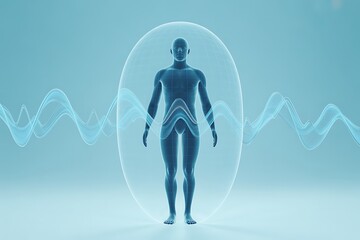 Futuristic human avatar with digital waves and sphere background
