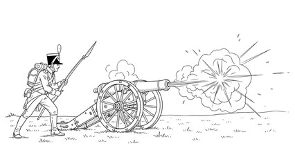 Naklejka premium Napoleonic era soldier firing cannon in detailed black and white sketch