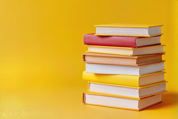 Fototapeta premium Academic Background Theme Stack of Colorful Books on Vibrant Yellow Background for Education and Learning