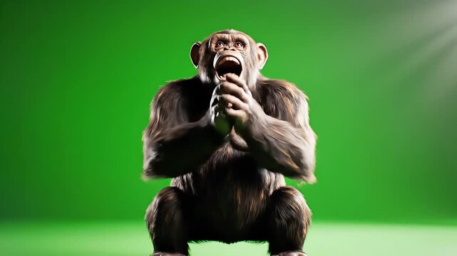 Angry chimpanzee with open mouth against green chroma key background