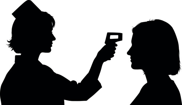 Nurse Measuring Patient Temperature with Infrared Thermometer Silhouette; Healthcare Screening, Fever Check, Clinical Triage, Medical Examination, Pyrexia Assessment.