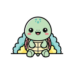 Obraz premium Adorable Cartoon Turtle Sitting on Yellow Sand with Blue Waves