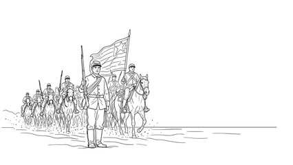 Fototapeta premium Soldier leads horseback troop in historical black and white line art illustration