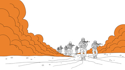 Fototapeta premium Dynamic line art of soldiers advancing through smoke on battlefield