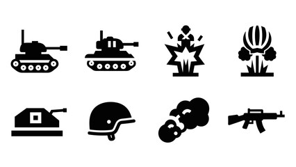 Fototapeta premium Black military silhouettes: tanks, explosions, and helmets