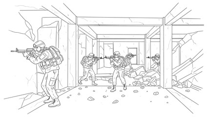 Fototapeta premium Tactical team navigating ruined building in line art style