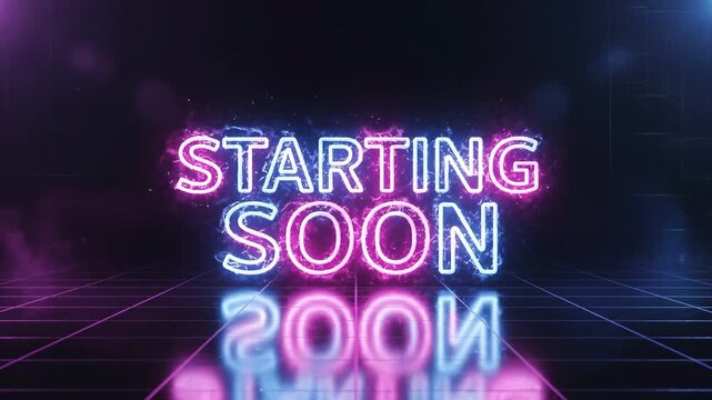 Starting soon neon text glows over a digital grid floor providing a vibrant wait screen for live streaming events and gaming channel announcements.