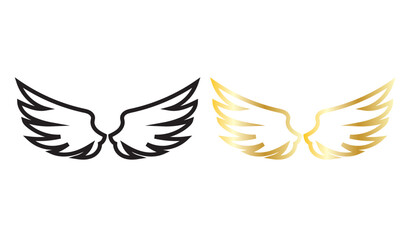 Obraz premium Black and Gold Angel Wings Logo Design. Minimal vector illustration showing black and gold angel wings, suitable for branding, luxury logos, spiritual themes, and modern graphic design use.