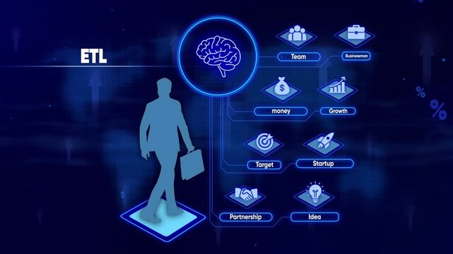 Business concept ETL with a walking businessman and icons for team money growth target startup partnership and idea