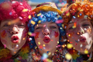 Fototapeta premium Three joyful children blowing party horns amid colorful confetti, celebrating carnival, playful childhood, festive excitement, friendship, happiness, creativity and unforgettable moments