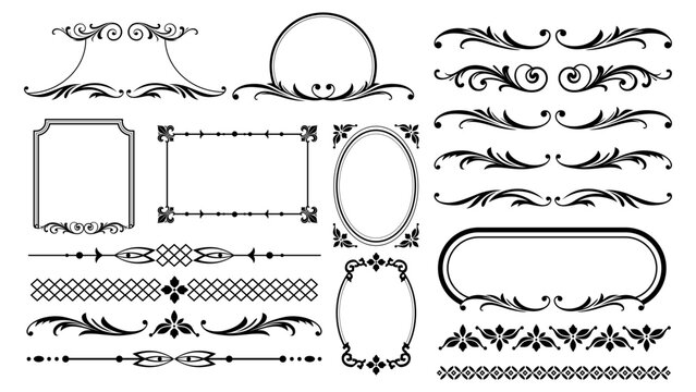 Decorative frame. Classic elegant ornament. Vintage border for cards and posters. Linear swirls and dividers. Calligraphic flourish. Postcard retro element. Victorian elegant design graphic set