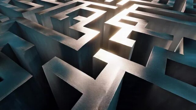 Navigating through a complex metal maze with sharp turns and reflective surfaces in a futuristic environment from a high viewpoint