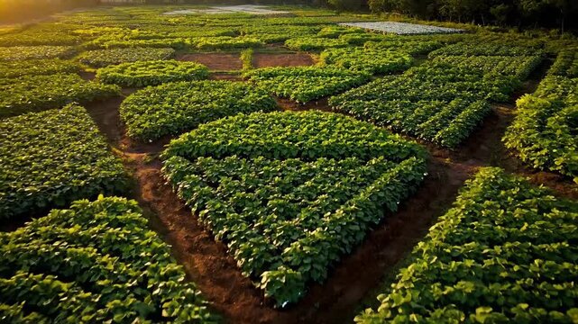 Aerial view of crop fields in a patchwork pattern in countryside