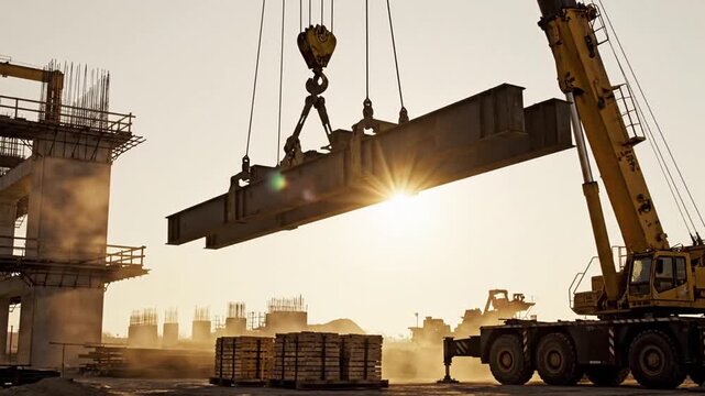 Construction site with crane lifting a large steel beam during daylight hours.
