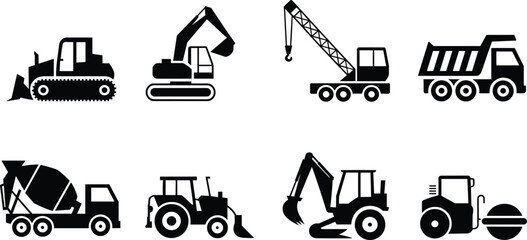 Vector Collection of Heavy Construction Machinery Icons Featuring Bulldozer Excavator Crane Dump Truck Cement Mixer and Tractor Silhouettes for Industrial Design © rakib's world